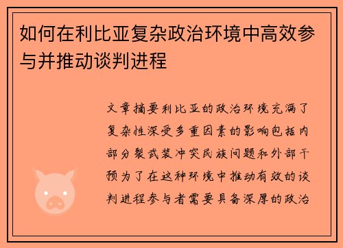 如何在利比亚复杂政治环境中高效参与并推动谈判进程
